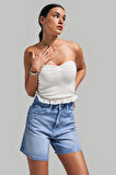 Kadın Mavi Renk T-2S5-4  Parlak Taşlı Mom Fit Midi Boy Tasarım %100 Koton Denim Şort
