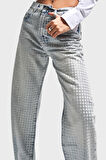 Kadın T.Kot  Rengi T2-4S5-30 Loose Fit Parlak Kare Taşlı %100 Koton Tasarım Denim Jean