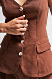 Kadın Kahverengi s5-16 Maxi Boy Askılı Önü Düğmeli Keten Kumaş Yelek