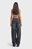 Kadın Koyu Füme Renk Skater Fit %100 Koton Denim