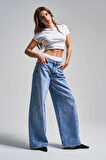Kadın Mavi Kot Rengi 4S5-4 Boxer Detaylı Palazzo Fit %100 Koton Denim Jean