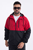 Erkek Kırmızı - Siyah Iki Renk Astarlı Kapüşonlu Cepli Yağmurluk-rüzgarlık | 3XL