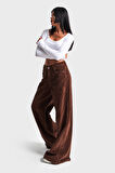 Kadın Taba Renk Kalın Fitilli Kadife Kumaş Palazzo Fit Pantolon