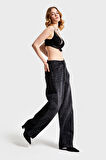 Kadın Siyah Renk T12S5-1 Parlak Taşlı Loose Midrise Fit Tasarım Denim