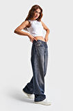 Kadın Koyu Tint Rengi 17W4-5 Süper Palazzo Fit Orta Bel %100 Koton Denim Jean