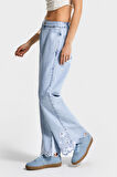 Kadın Snow Kot Rengi 3s5-3 Crop Flare Fit Paça Dantelli %100 Koton Tsarım Denim Jean
