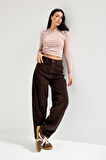Kadın Koyu Kahve 8-26w5-136 Skater Fit Fitilli Velvet Kadife Kumaş Pantolon