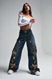 Kadın T.Kot Rengi Nakışlı Tasarım Palazzo Fit Denim