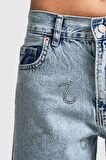 Kadın Snow Kot Rengi Parlak Taşlı Harf Detaylı Loose Fit Denim
