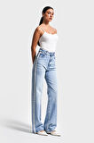 Kadın Ice Renk D1-4S5-3 Straight Fit Yüksek Bel Dantel Şeritli Tasarım %100 Koton Denim Jean
