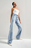 Kadın Ice Renk D1-4S5-3 Straight Fit Yüksek Bel Dantel Şeritli Tasarım %100 Koton Denim Jean