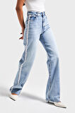 Kadın Ice Renk D1-4S5-3 Straight Fit Yüksek Bel Dantel Şeritli Tasarım %100 Koton Denim Jean