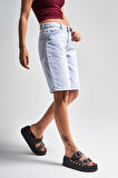 Kadın Snow Kot Rengi 4s5-100 %100 Koton Midi Baggy Fit Denim Bermuda Şort