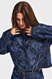 Kadın Koyu Mavi Renk 9w5-5 Önü Düğmeli Parlak Taş Desenli Özel Tasarım Denim Ceket