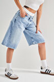 Kadın Snow Kot Rengi V-4S5-3 Dantelli Boxer Detaylı Maxi Boy Baggy Tasarım Denim Şort