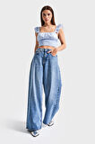 Kadın Mavi Renk 2S5-4 Palazzo Fit Beli Lastliki %100 Koton Denim Jean