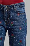 Kadın Kot Rengi T2w48 Çiçek Baskılı Parlak Taşlı Loose Fit Tasarım Denim