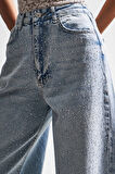 Kadın Ice Kot Rengi T-4w5-3 Skater Fit Önü Parlak Taşlı İç Boy 77cm Özel Tasarım Denim Jean