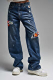 Kadın T.Kot Rengi Etnik Gül Desenli Loose Fit Tasarım Denim