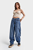 Kadın Mavi Kot Rengi 2W4-5 Super Baggy Fit %100 Koton Super Uzun Orta Bel Denim Jean
