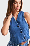 Kadın Mavi Renk 1s5-5 Asimetrik Kesim Önü Düğmeli Sıfır Kol Denim Yelek