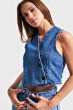 Kadın Mavi Renk 1s5-5 Asimetrik Kesim Önü Düğmeli Sıfır Kol Denim Yelek