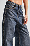 Kadın T.Kot Rengi 2W4-8 Skater Fit Yandan Taş Detaylı Bol Kesim Tasarım Denim Jean
