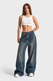Kadın Koyu Tint Renk Mega Baggy Fit Bol Kesim Denim