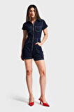 Kadın İndigo Renk 7s5-50 Süper Esnek Kumaş Fermuarlı Denim Şort Tulum
