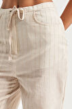 Kadın Bej Çizgili Renk s5-101 Belden Bağcıklı Bol Kesim Keten Kumaş Pantolon