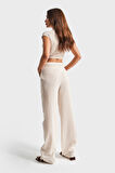 Kadın Bej Çizgili Renk s5-101 Belden Bağcıklı Bol Kesim Keten Kumaş Pantolon