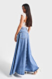 Kadın Mavi Renk 1s5-4 Maxi Boy 103cm A Tipi Çan Kesim %100 koton Süper Uzun Denim Etek