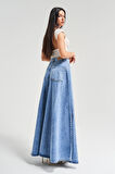 Kadın Mavi Renk 1s5-4 Maxi Boy 103cm A Tipi Çan Kesim %100 koton Süper Uzun Denim Etek