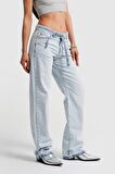 Kadın Snow Kot Rengi Kemer Detaylı Uzun Straight Fit Denim