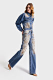 Kadın T.Kot Rengi 4S568 Parlak Taşlı Tasarım Baggy Flare Fit Denim
