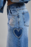 Kadın Kot Rengi 2S54 Parlak Taşlı Kalp Detaylı Bol Kesim Tasarım Denim