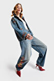 Kadın T.Kot Rengi 2S566 Çiçek Nakışlı Skater Fit Tasarım Denim