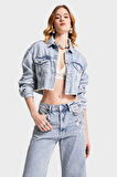 Kadın Kot Reng 3S565 Kolları Nakışlı Bol Kesim Tasarım Crop Denim Ceket