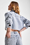 Kadın Kot Reng 3S565 Kolları Nakışlı Bol Kesim Tasarım Crop Denim Ceket