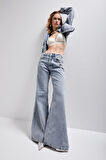 Kadın Kot Rengi 11S565 Yandan Nakışlı Flare Fit %100 Koton  Tasarım Denim