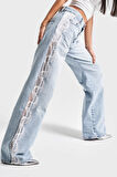 Kadın Snow Kot Rengi 4S5-3 Loose Fit Yanı Dantelli %100 Koton Tasarım Denim Jean