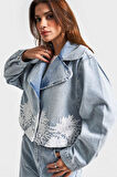 Kadın Kot Rengi 4S5-3 Dantelli Kruvaze %100 Koton Tasarım Denim Ceket