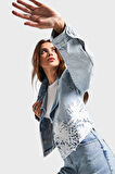 Kadın Kot Rengi 4S5-3 Dantelli Kruvaze %100 Koton Tasarım Denim Ceket