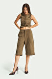 Kadın Haki Renk w5-15 Maxi Boy Esnek Yumuşak Süet Kumaş Bermuda