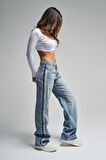 Kadın Kot Rengi 2S584 Straight Fit %100 Koton Yandan Şeritli Denim