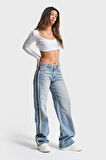 Kadın Kot Rengi 2S584 Straight Fit %100 Koton Yandan Şeritli Denim