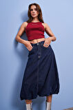 Kadın Lacivert Renk 7w450 Midi Boy Balon Fit %100 Koton Denim Etek