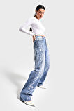 Kadın Mavi Renk 4S5-27 Straight Fit %100 Koton Nakış Detaylı Tasarım Denim Jean