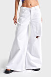 Kadın Beyaz Renk 13s5-2 Elephant Leg Bol Kesim %100 Koton Yırtık Detaylı Denim Jean
