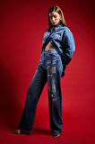 Kadın T.Kot Rengi 2S5-72 Baskılı Parlak Taşlı Straight Fit %100 Koton Tasarım Denim Jean